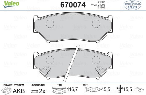 Valeo 670074 - Kit de plaquettes de frein, frein à disque cwaw.fr