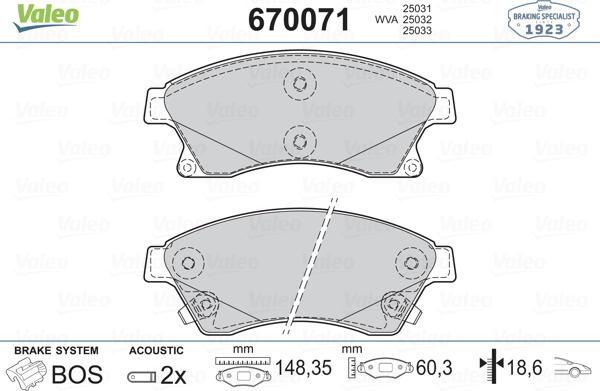 Valeo 670071 - Kit de plaquettes de frein, frein à disque cwaw.fr