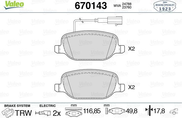 Valeo 670143 - Kit de plaquettes de frein, frein à disque cwaw.fr