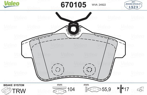 Valeo 670105 - Kit de plaquettes de frein, frein à disque cwaw.fr