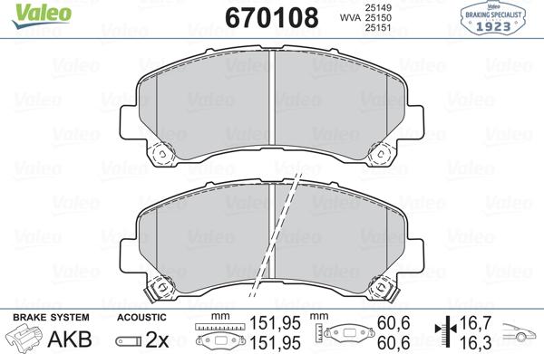 Valeo 670108 - Kit de plaquettes de frein, frein à disque cwaw.fr