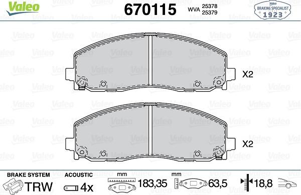 Valeo 670115 - Kit de plaquettes de frein, frein à disque cwaw.fr