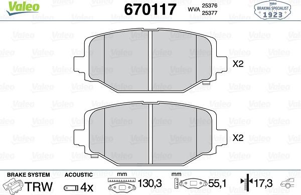 Valeo 670117 - Kit de plaquettes de frein, frein à disque cwaw.fr