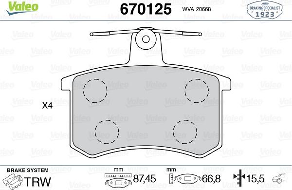 Valeo 670125 - Kit de plaquettes de frein, frein à disque cwaw.fr