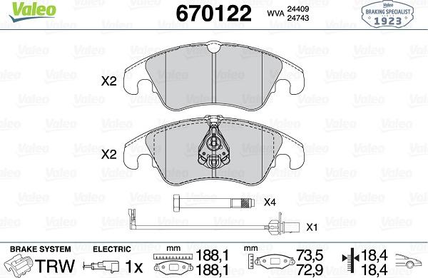 Valeo 670122 - Kit de plaquettes de frein, frein à disque cwaw.fr