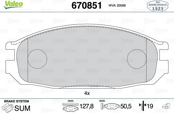 Valeo 670851 - Kit de plaquettes de frein, frein à disque cwaw.fr