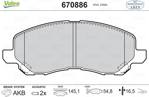 Valeo 670886 - Kit de plaquettes de frein, frein à disque cwaw.fr