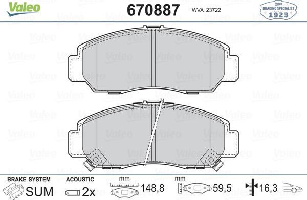 Valeo 670887 - Kit de plaquettes de frein, frein à disque cwaw.fr