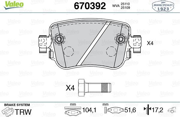 Valeo 670392 - Kit de plaquettes de frein, frein à disque cwaw.fr