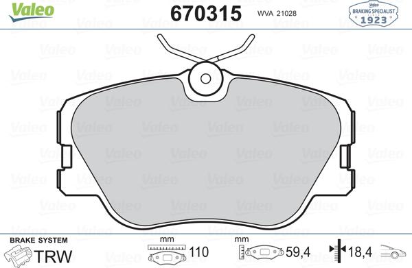 Valeo 670315 - Kit de plaquettes de frein, frein à disque cwaw.fr