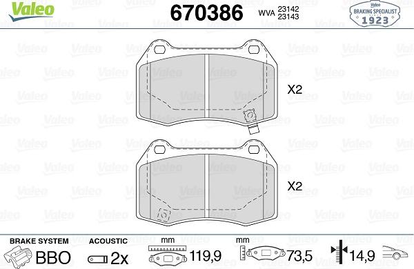 Valeo 670386 - Kit de plaquettes de frein, frein à disque cwaw.fr