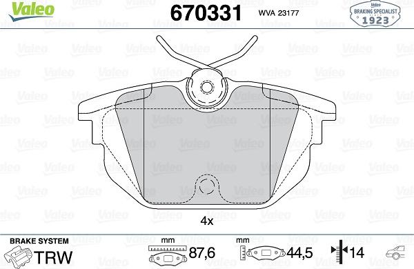 Valeo 670331 - Kit de plaquettes de frein, frein à disque cwaw.fr