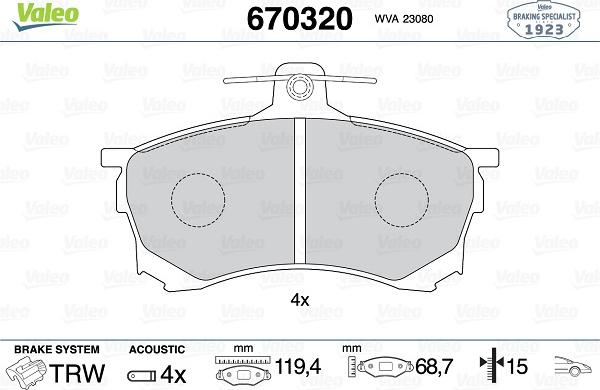 Valeo 670320 - Kit de plaquettes de frein, frein à disque cwaw.fr