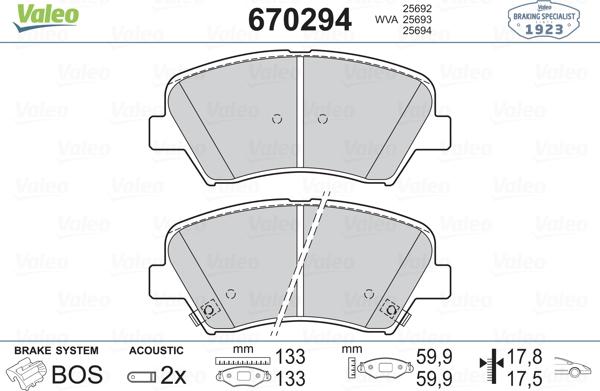 Valeo 670294 - Kit de plaquettes de frein, frein à disque cwaw.fr