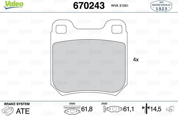 Valeo 670243 - Kit de plaquettes de frein, frein à disque cwaw.fr