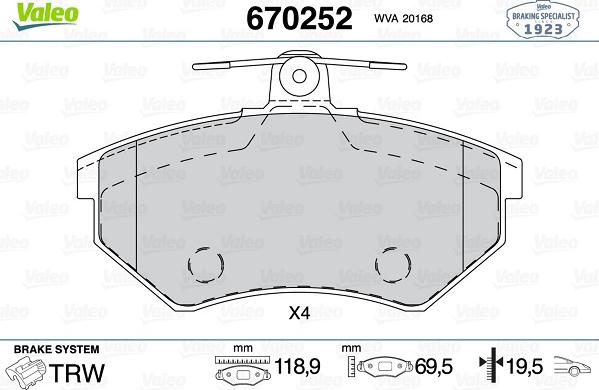 Valeo 670252 - Kit de plaquettes de frein, frein à disque cwaw.fr