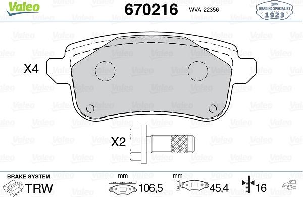 Valeo 670216 - Kit de plaquettes de frein, frein à disque cwaw.fr