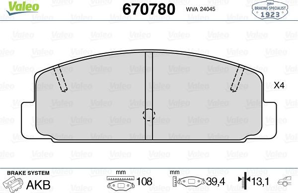 Valeo 670780 - Kit de plaquettes de frein, frein à disque cwaw.fr