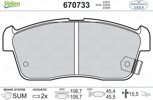 Valeo 670733 - Kit de plaquettes de frein, frein à disque cwaw.fr