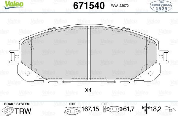 Valeo 671540 - Kit de plaquettes de frein, frein à disque cwaw.fr