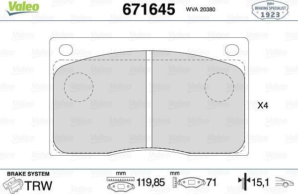 Valeo 671645 - Kit de plaquettes de frein, frein à disque cwaw.fr