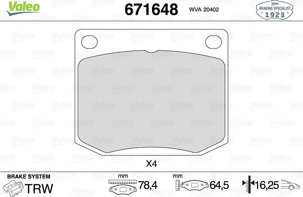 Valeo 671648 - Kit de plaquettes de frein, frein à disque cwaw.fr