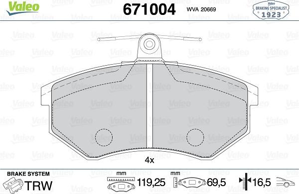 Valeo 671004 - Kit de plaquettes de frein, frein à disque cwaw.fr