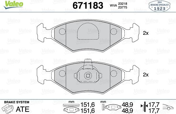 Valeo 671183 - Kit de plaquettes de frein, frein à disque cwaw.fr