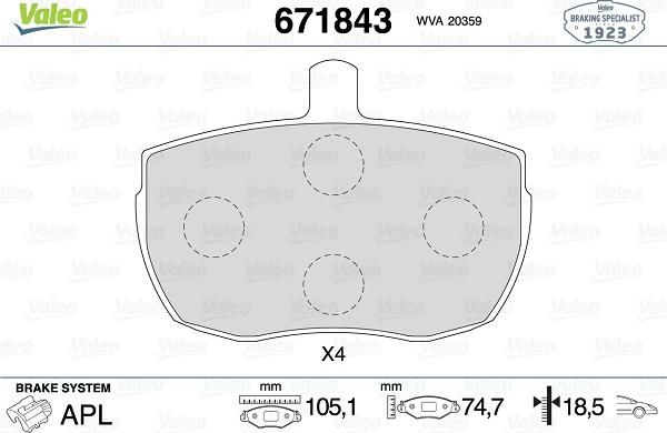 Valeo 671843 - Kit de plaquettes de frein, frein à disque cwaw.fr