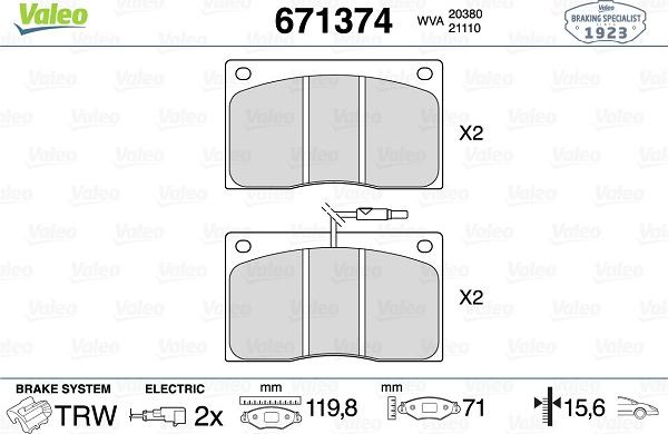 Valeo 671374 - Kit de plaquettes de frein, frein à disque cwaw.fr