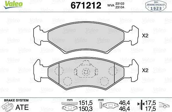 Valeo 671212 - Kit de plaquettes de frein, frein à disque cwaw.fr