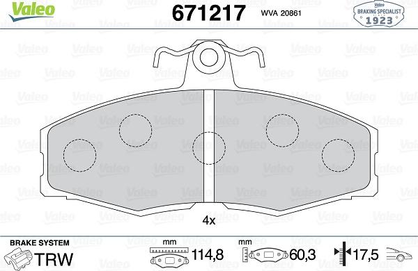 Valeo 671217 - Kit de plaquettes de frein, frein à disque cwaw.fr