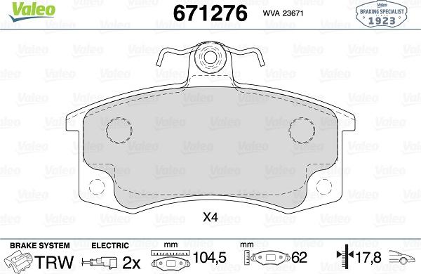 Valeo 671276 - Kit de plaquettes de frein, frein à disque cwaw.fr