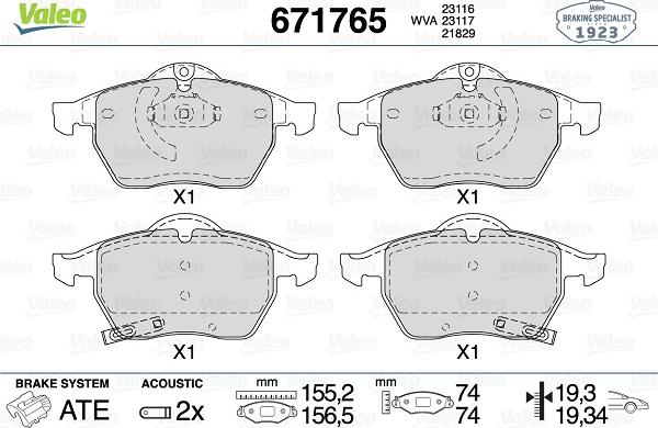 Valeo 671765 - Kit de plaquettes de frein, frein à disque cwaw.fr