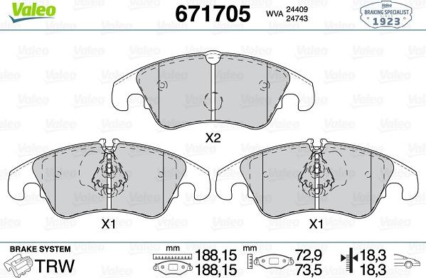 Valeo 671705 - Kit de plaquettes de frein, frein à disque cwaw.fr