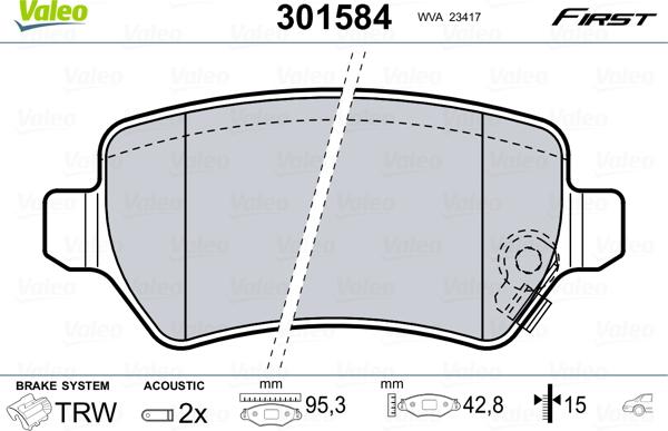 Valeo 301584 - Kit de plaquettes de frein, frein à disque cwaw.fr