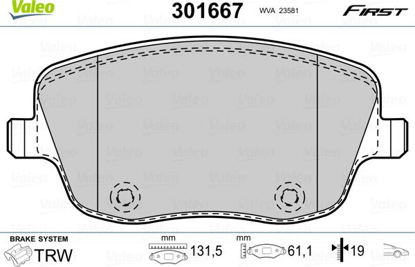 Valeo 301667 - Kit de plaquettes de frein, frein à disque cwaw.fr