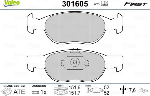 Valeo 301605 - Kit de plaquettes de frein, frein à disque cwaw.fr