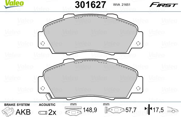 Valeo 301627 - Kit de plaquettes de frein, frein à disque cwaw.fr