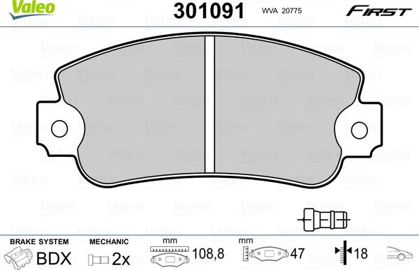 Valeo 301091 - Kit de plaquettes de frein, frein à disque cwaw.fr