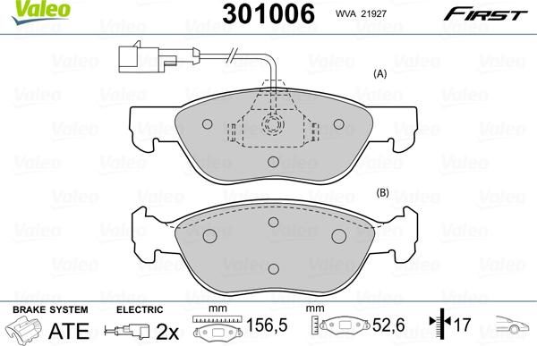 Valeo 301006 - Kit de plaquettes de frein, frein à disque cwaw.fr