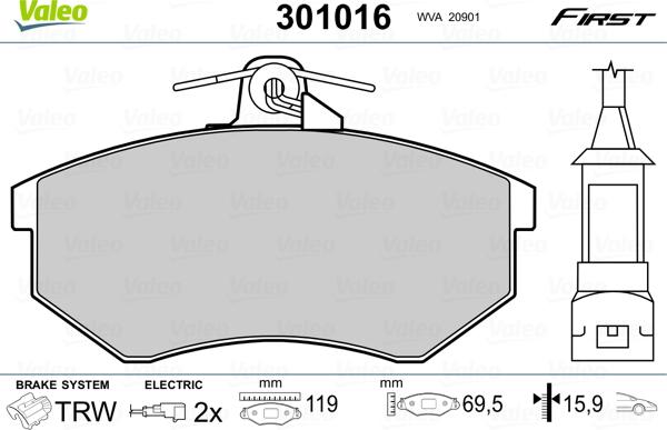 Valeo 301016 - Kit de plaquettes de frein, frein à disque cwaw.fr