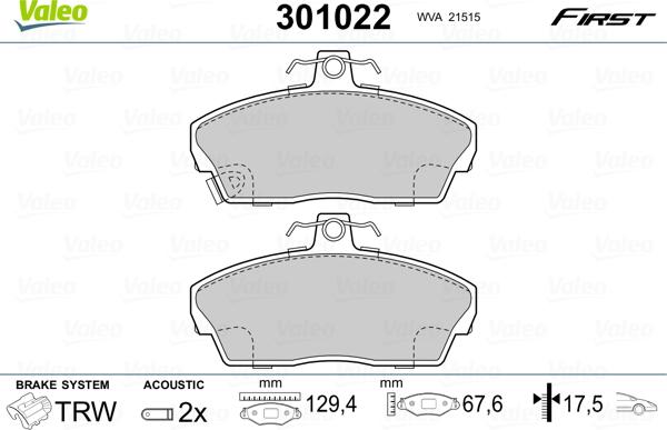 Valeo 301022 - Kit de plaquettes de frein, frein à disque cwaw.fr