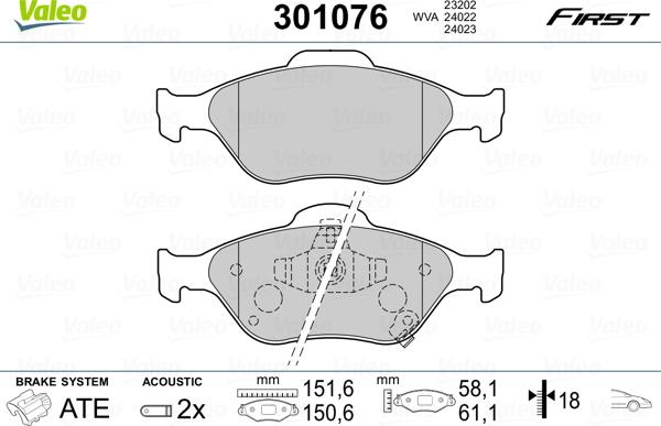 Valeo 301076 - Kit de plaquettes de frein, frein à disque cwaw.fr