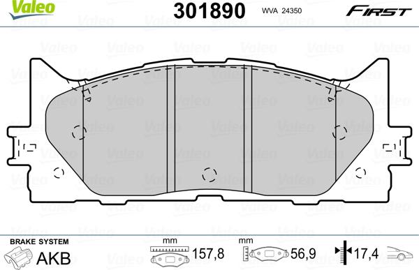 Valeo 301890 - Kit de plaquettes de frein, frein à disque cwaw.fr