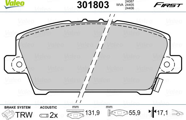 Valeo 301803 - Kit de plaquettes de frein, frein à disque cwaw.fr