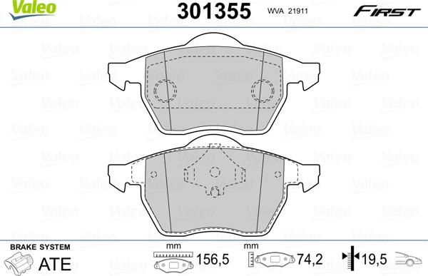 Valeo 301355 - Kit de plaquettes de frein, frein à disque cwaw.fr