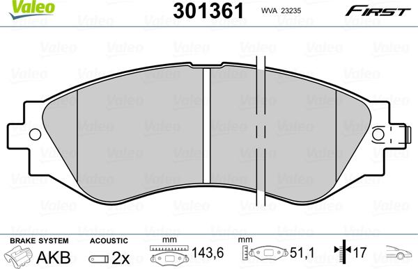 Valeo 301361 - Kit de plaquettes de frein, frein à disque cwaw.fr