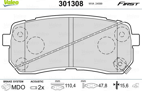 Valeo 301308 - Kit de plaquettes de frein, frein à disque cwaw.fr