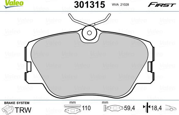 Valeo 301315 - Kit de plaquettes de frein, frein à disque cwaw.fr